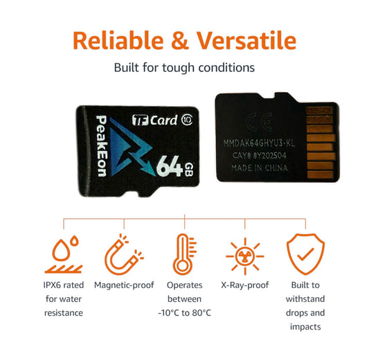 PeakEon MicroSD TF Memory Card,4K/5K UHD, Waterproof, Shockproof,High Speed 130MB/s (64GB)
