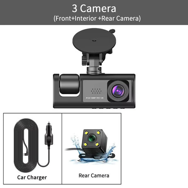 PeakEon 3 Lens 1080P Dash Cam(Front,Interior,Rear) with Parking Monitor, G-Sensor, Loop Recording,Night Vision