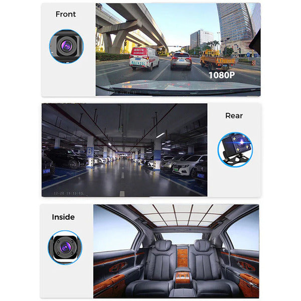 PeakEon 3 Lens 1080P Dash Cam(Front,Interior,Rear) with Parking Monitor, G-Sensor, Loop Recording,Night Vision