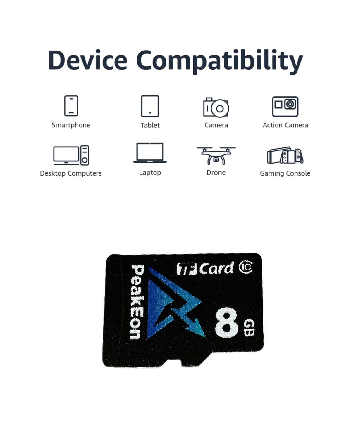 PeakEon MicroSD TF  Memory Card,4K/5K UHD, Waterproof, Shockproof,High Speed 130MB/s (8GB)