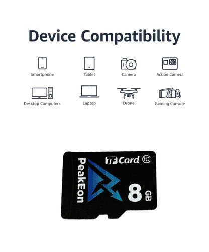 PeakEon MicroSD TF  Memory Card,4K/5K UHD, Waterproof, Shockproof,High Speed 130MB/s (8GB)