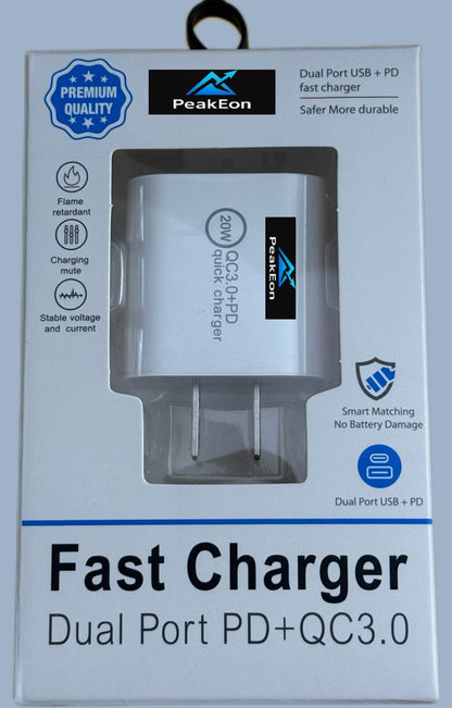 PeakEon Fast Charger Adapter| Dual Port (20W PD Type C + QC 3.0 USB A) with Smart Protection