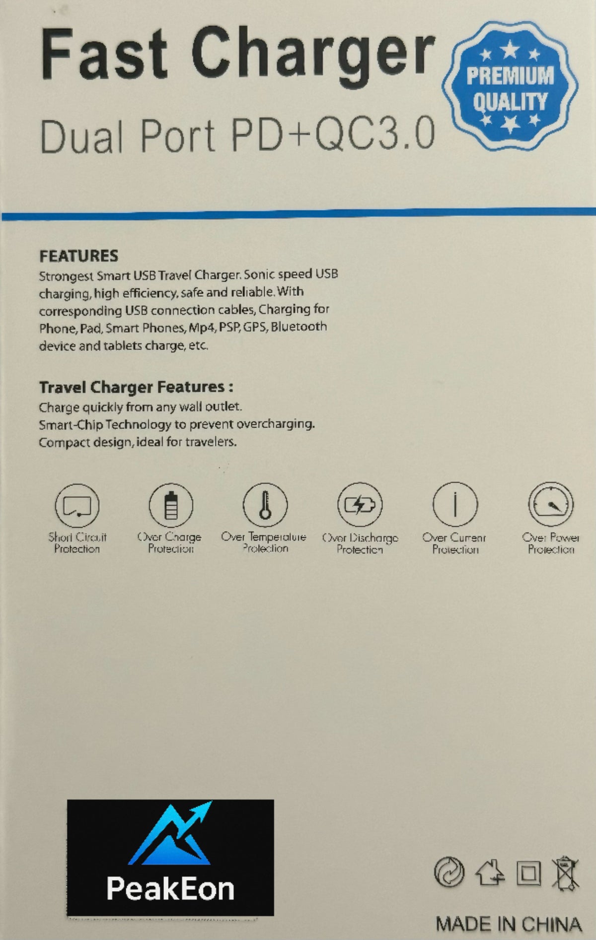 PeakEon Fast Charger Adapter| Dual Port (20W PD Type C + QC 3.0 USB A) with Smart Protection